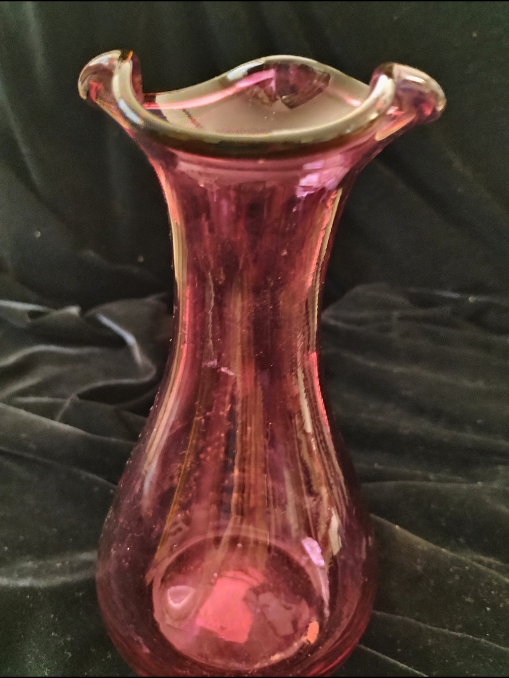 VASE Handblown Ruffled Rim Glass Vase - Ruby Pink RED